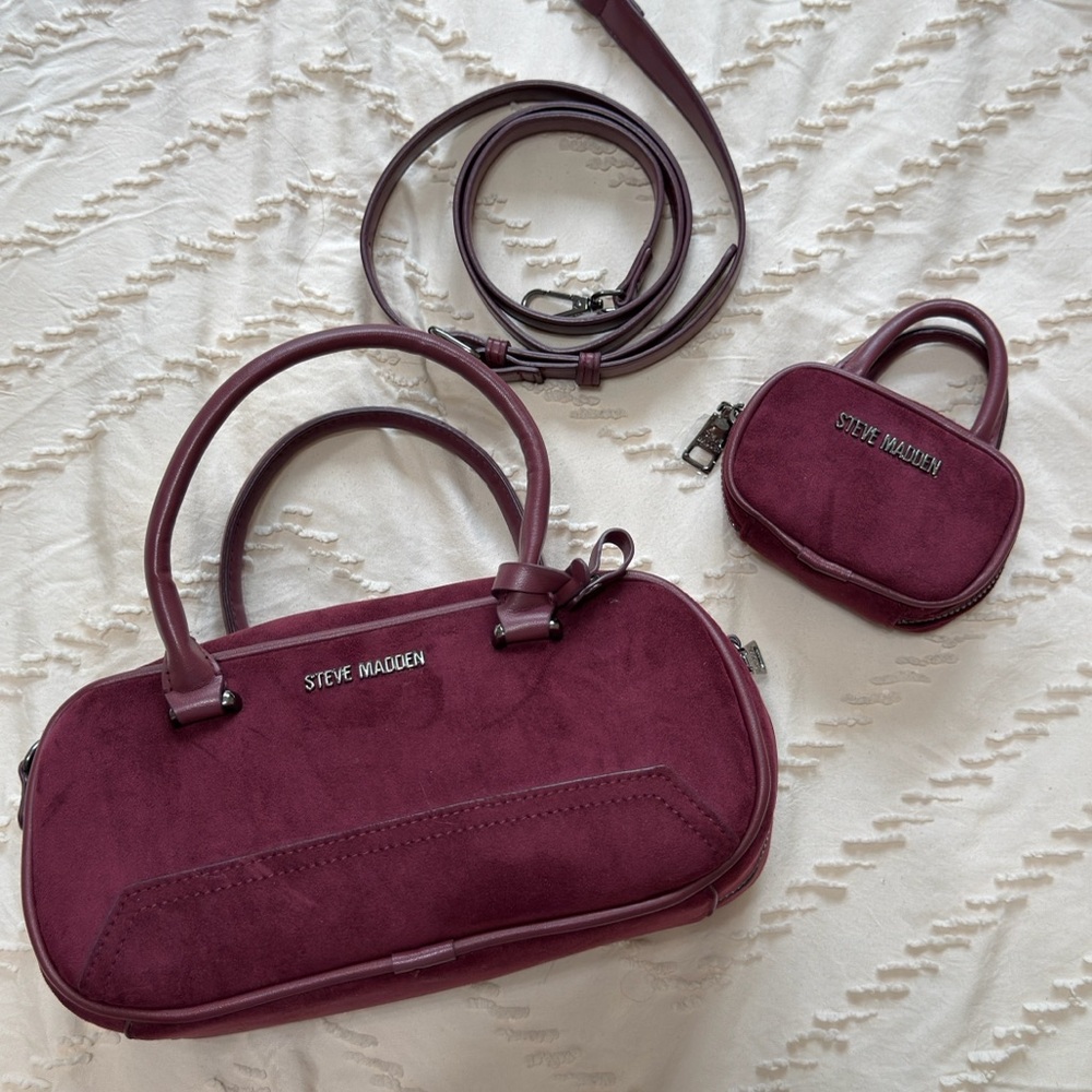 Steve Madden Deep Burgundy Suede Satchel with Coin Pouch